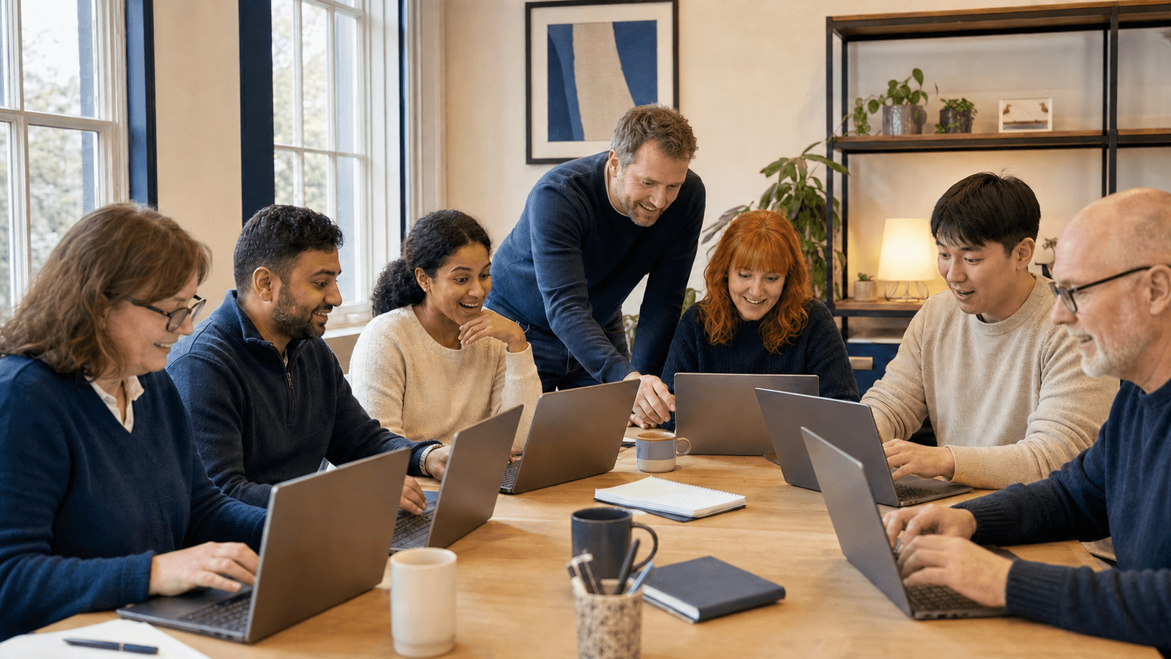 People working together with laptops during a practical software workshop